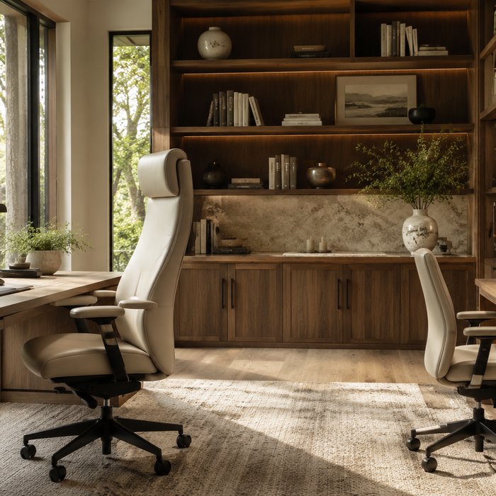 High-back office chair vs mid-back office chair in a modern home office comparing support coverage, ergonomics, comfort, and space requirements