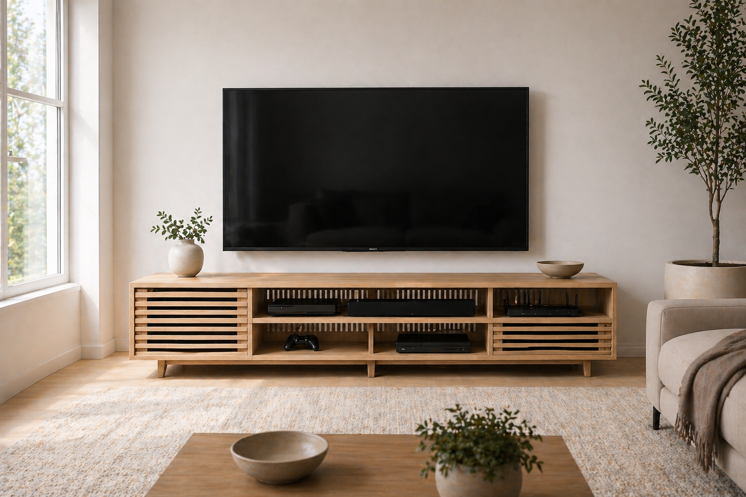 best TV stand material plywood and engineered wood media console with ventilated slatted design and center support