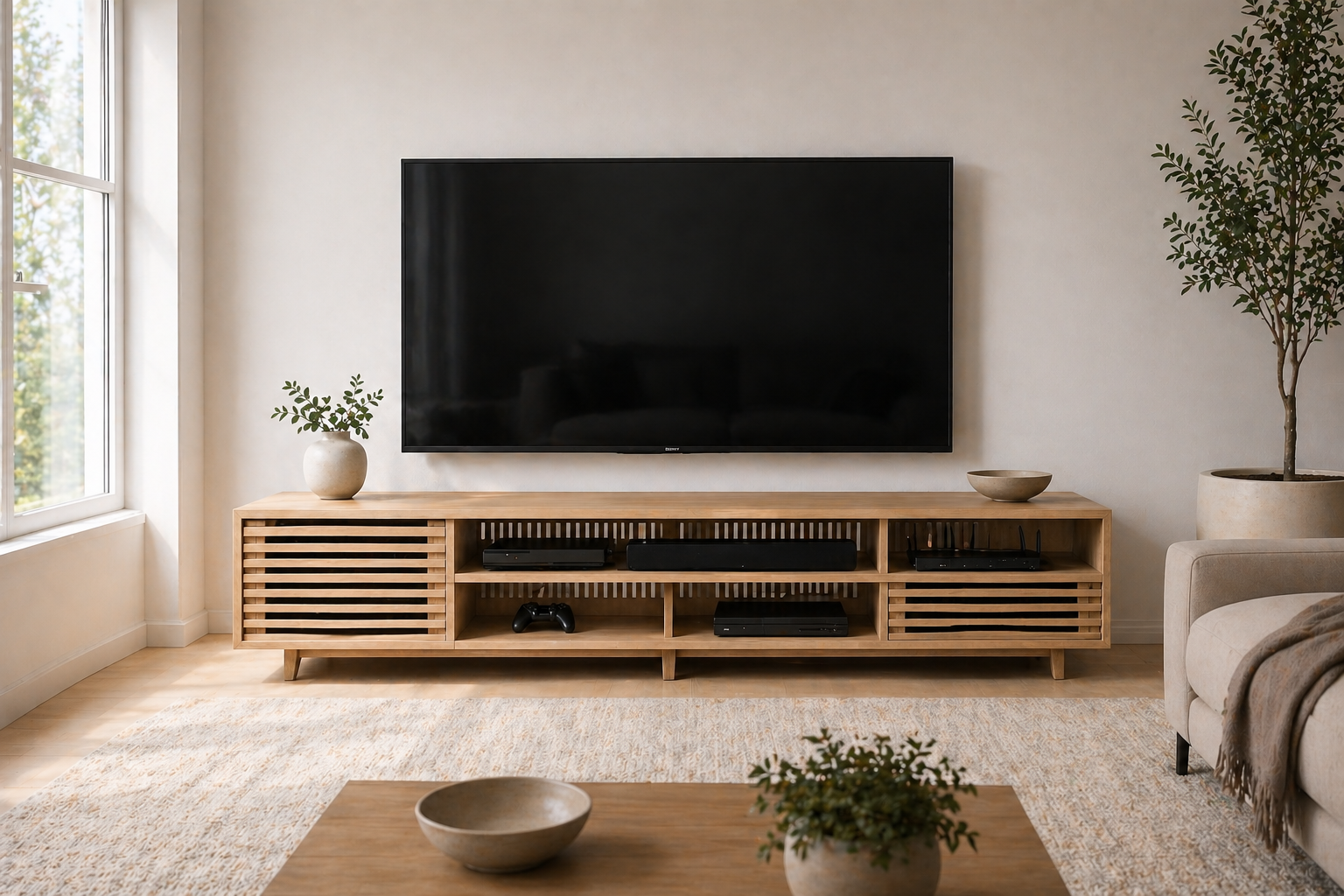 best TV stand material plywood and engineered wood media console with ventilated slatted design and center support
