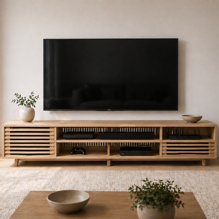 best TV stand material plywood and engineered wood media console with ventilated slatted design and center support