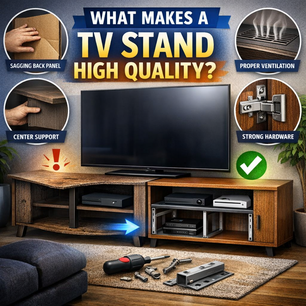 High-quality TV stand showing center support, solid back panel, ventilation slots, and metal hardware to prevent sagging and heat damage