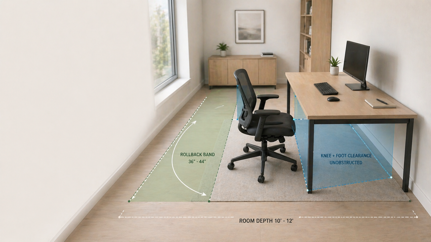 Home office layout showing proper chair rollback space and unobstructed legroom behind a desk for comfortable, fatigue-free movement.