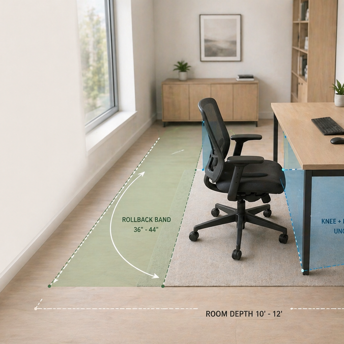 Home office layout showing proper chair rollback space and unobstructed legroom behind a desk for comfortable, fatigue-free movement.
