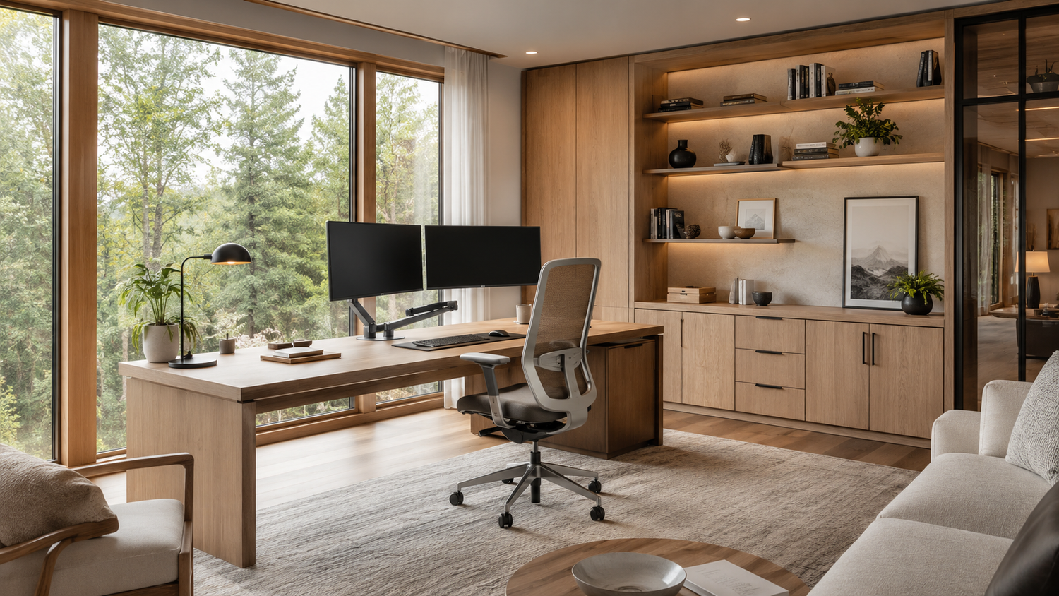 Home office furniture planning guide showing desk selection, ergonomic office chair, monitor setup, storage organization, and workspace layout design