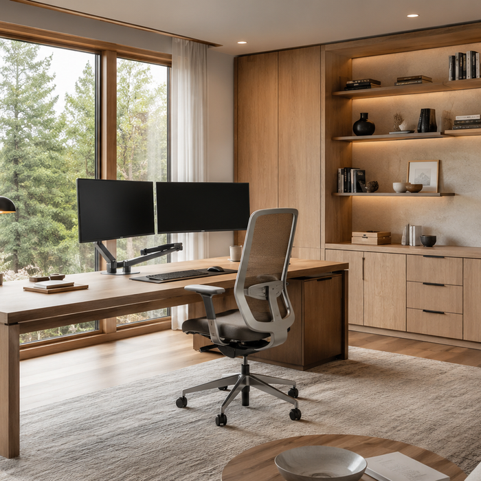 Home office furniture planning guide showing desk selection, ergonomic office chair, monitor setup, storage organization, and workspace layout design