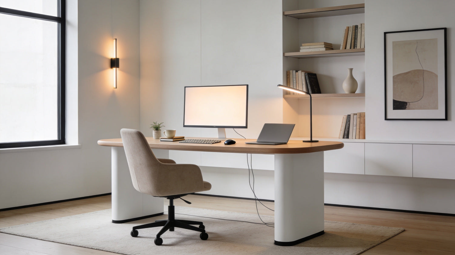 correct home office ergonomics setup showing proper desk layout chair position monitor at eye level and clear space behind chair for movement