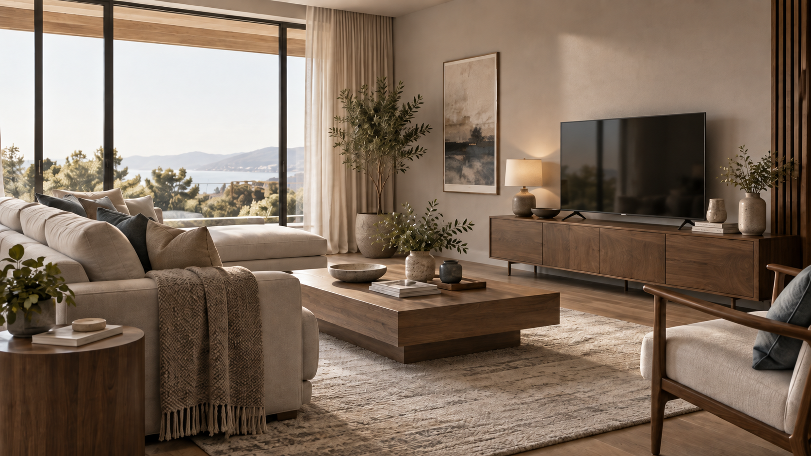Living room showing a TV on a TV stand positioned near comfortable seated eye level