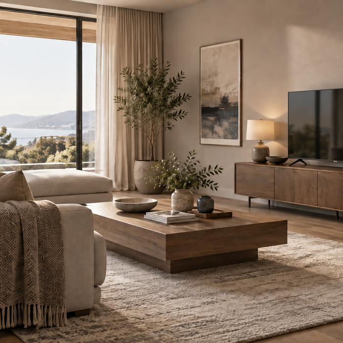 Living room showing a TV on a TV stand positioned near comfortable seated eye level