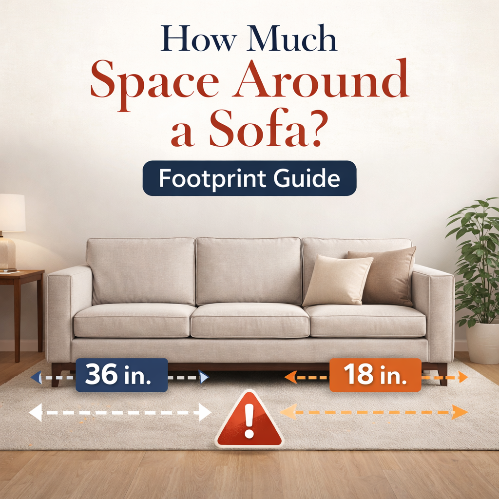 Modern living room sofa layout showing ideal spacing: 36 inch walkway and 18 inch coffee table clearance for better flow and comfort