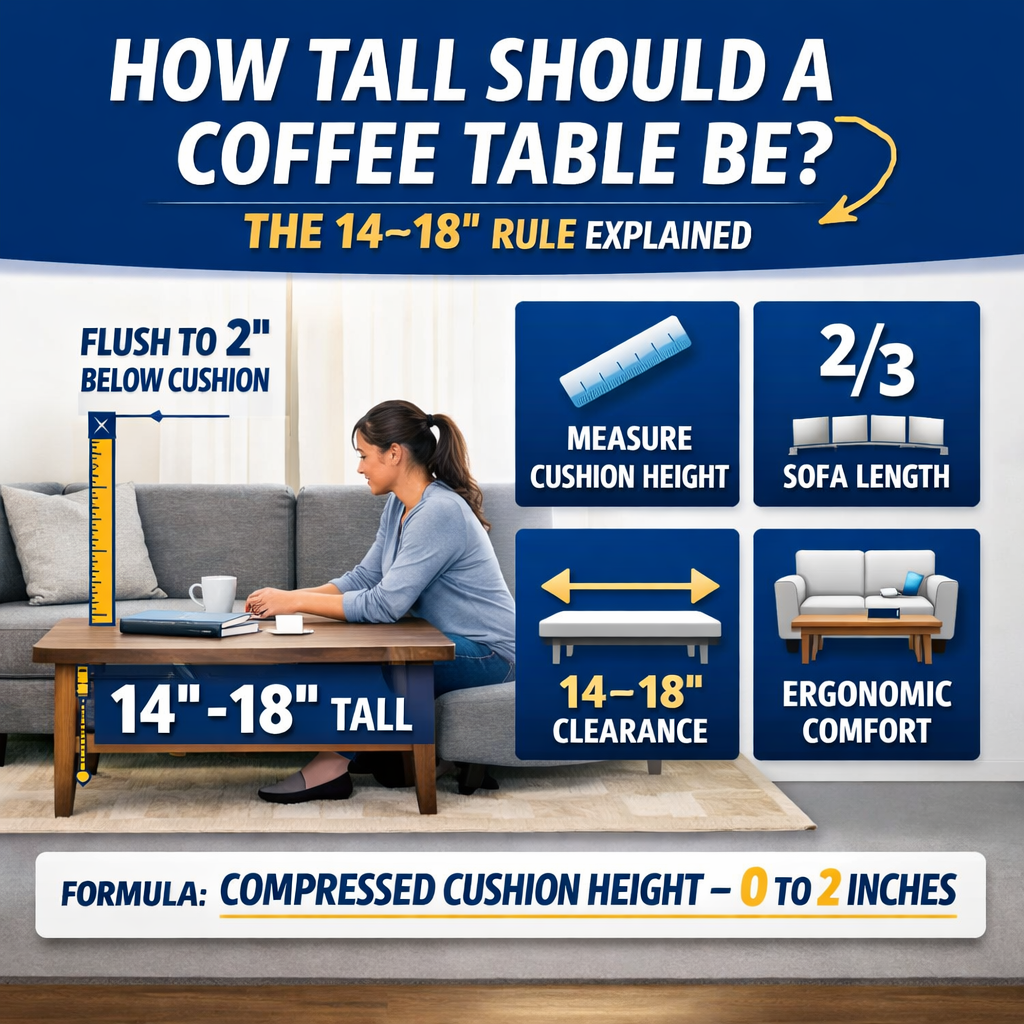 coffee table height guide showing 14–18 inch rule with sofa, measuring cushion height, 2/3 sofa length rule, 14–18 inch clearance, and ergonomic living room layout
