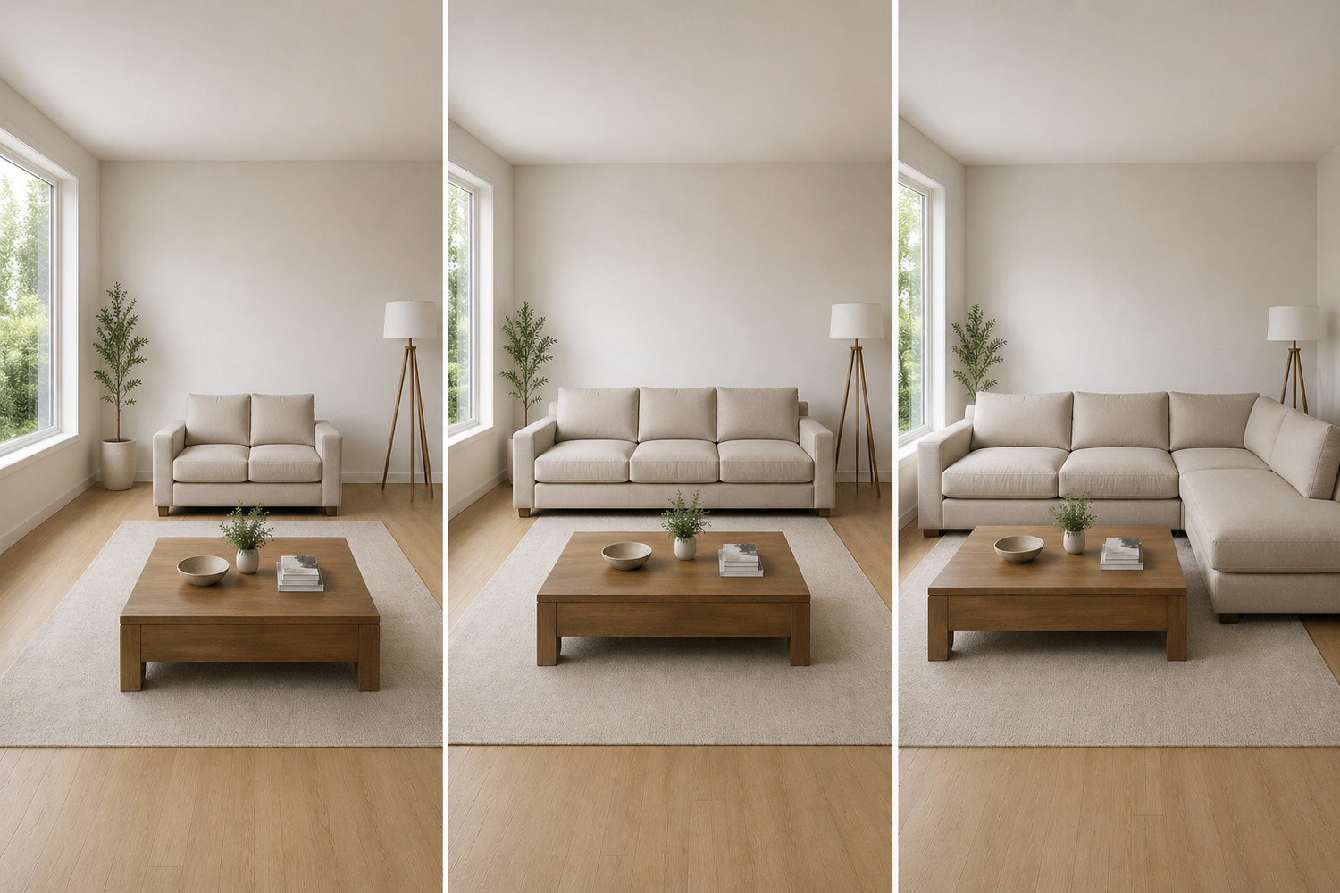 Visual guide to choosing a sofa for your living room showing three layouts—compact loveseat, standard three-seat sofa, and sectional—highlighting space efficiency and room balance