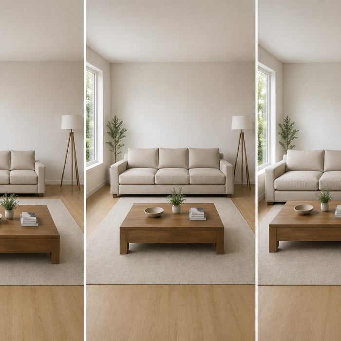 Visual guide to choosing a sofa for your living room showing three layouts—compact loveseat, standard three-seat sofa, and sectional—highlighting space efficiency and room balance