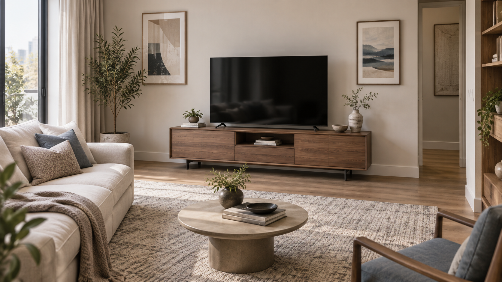 Shallow TV stand in a small living room with comfortable spacing, usable wall space, and clear walking paths