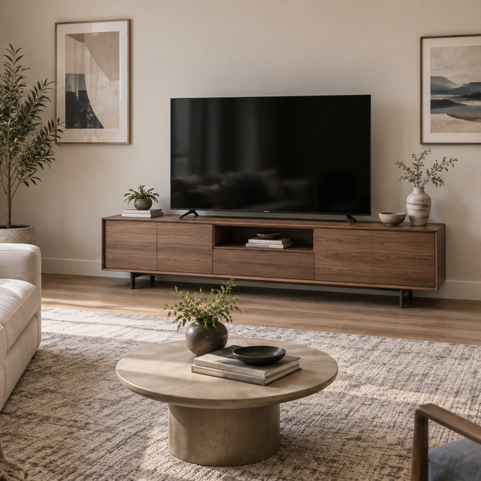 Shallow TV stand in a small living room with comfortable spacing, usable wall space, and clear walking paths