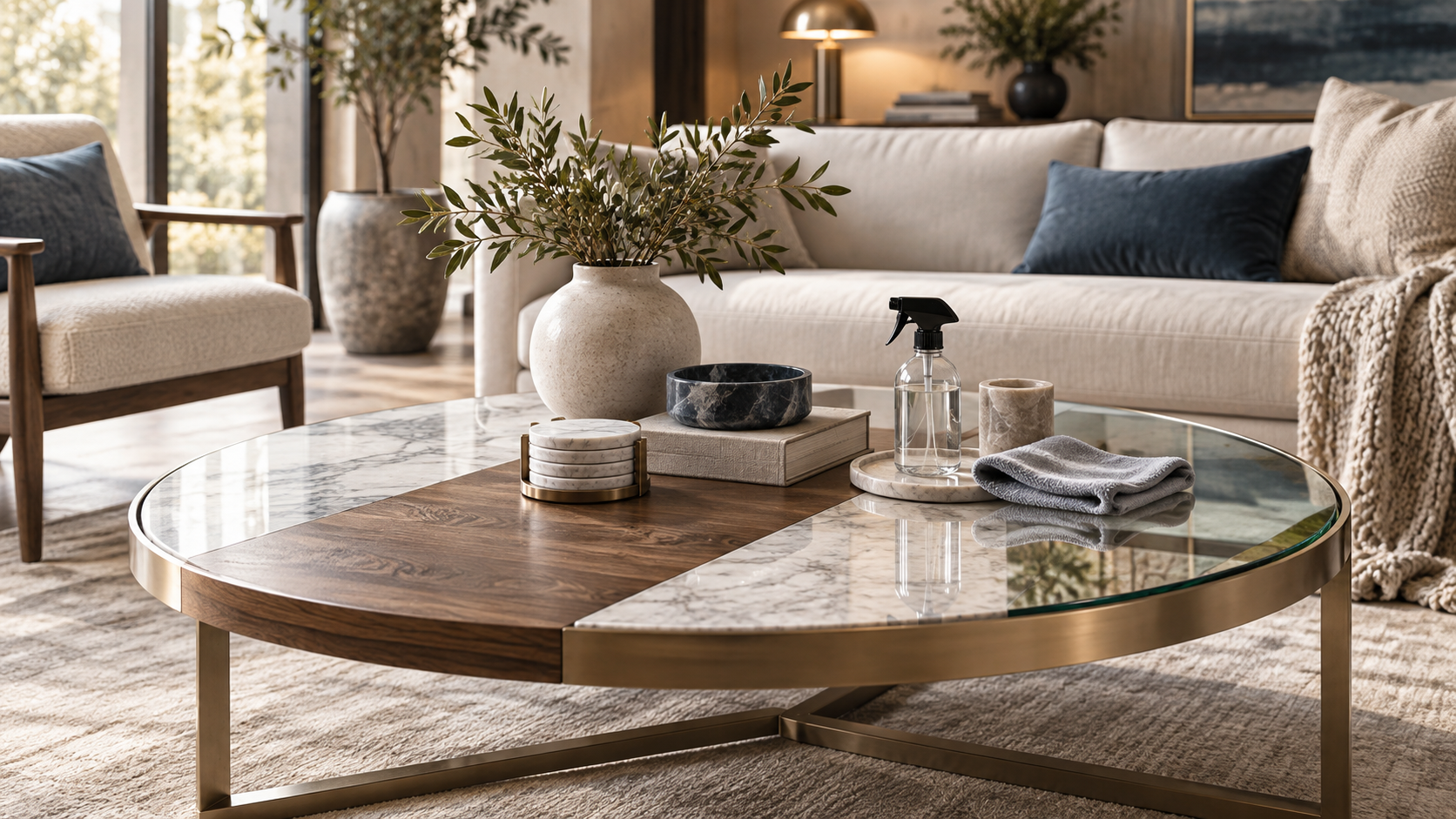 How to clean and maintain a coffee table made of wood, marble, glass, metal, or laminate