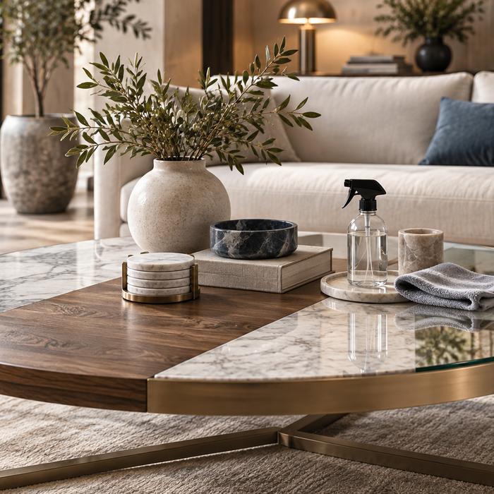 How to clean and maintain a coffee table made of wood, marble, glass, metal, or laminate