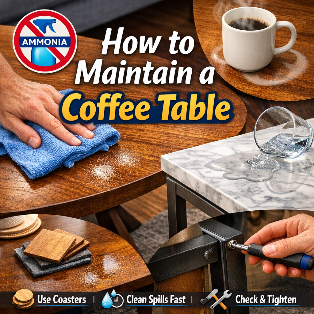 Coffee table maintenance guide showing wood cleaning, marble spill care, coaster use, and joint tightening.