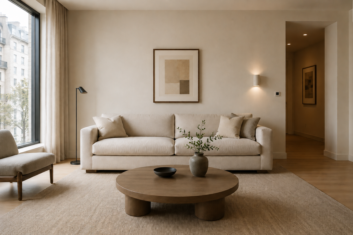 Elegant modern living room with a neutral sofa, balanced furniture spacing, open walkway circulation, and realistic apartment-scale layout demonstrating proper sofa placement and room measurement principles