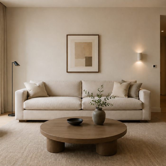 Elegant modern living room with a neutral sofa, balanced furniture spacing, open walkway circulation, and realistic apartment-scale layout demonstrating proper sofa placement and room measurement principles