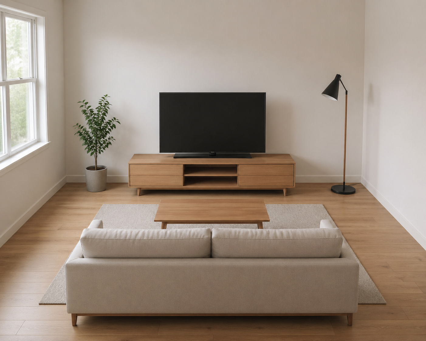 how to set up a TV with a TV stand showing correct TV height at eye level, proper stand width, and balanced living room placement with clear spacing