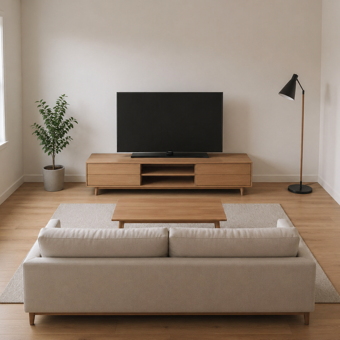 how to set up a TV with a TV stand showing correct TV height at eye level, proper stand width, and balanced living room placement with clear spacing