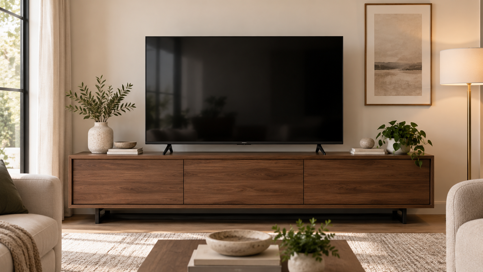 Recommended TV stand width relative to TV size with a wider media console under the TV