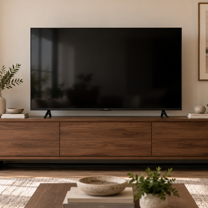Recommended TV stand width relative to TV size with a wider media console under the TV