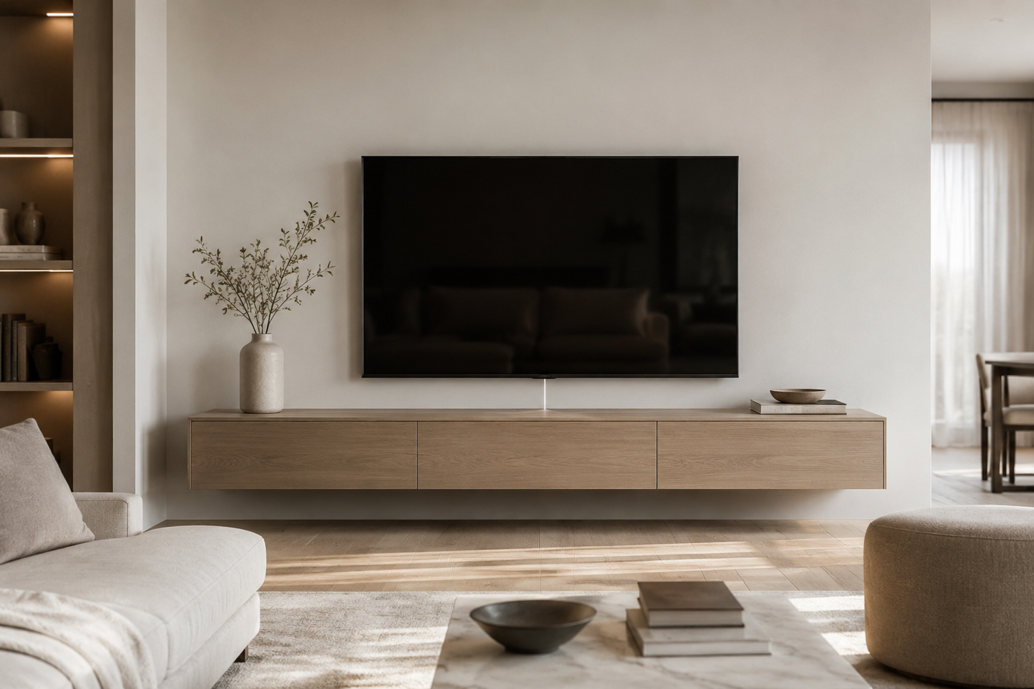 TV stand vs wall mount hybrid setup with a wall-mounted television and floating wood media console