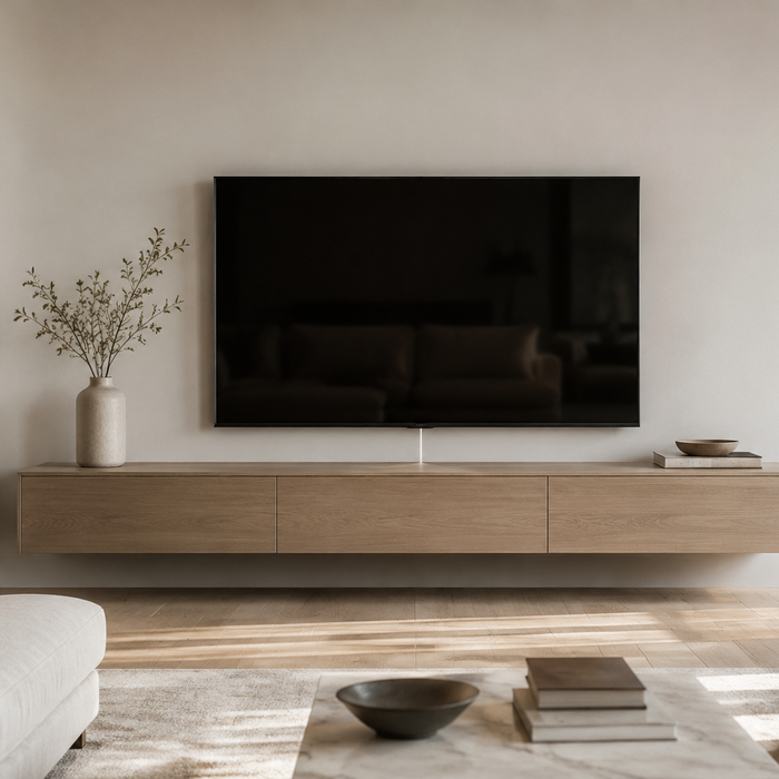 TV stand vs wall mount hybrid setup with a wall-mounted television and floating wood media console
