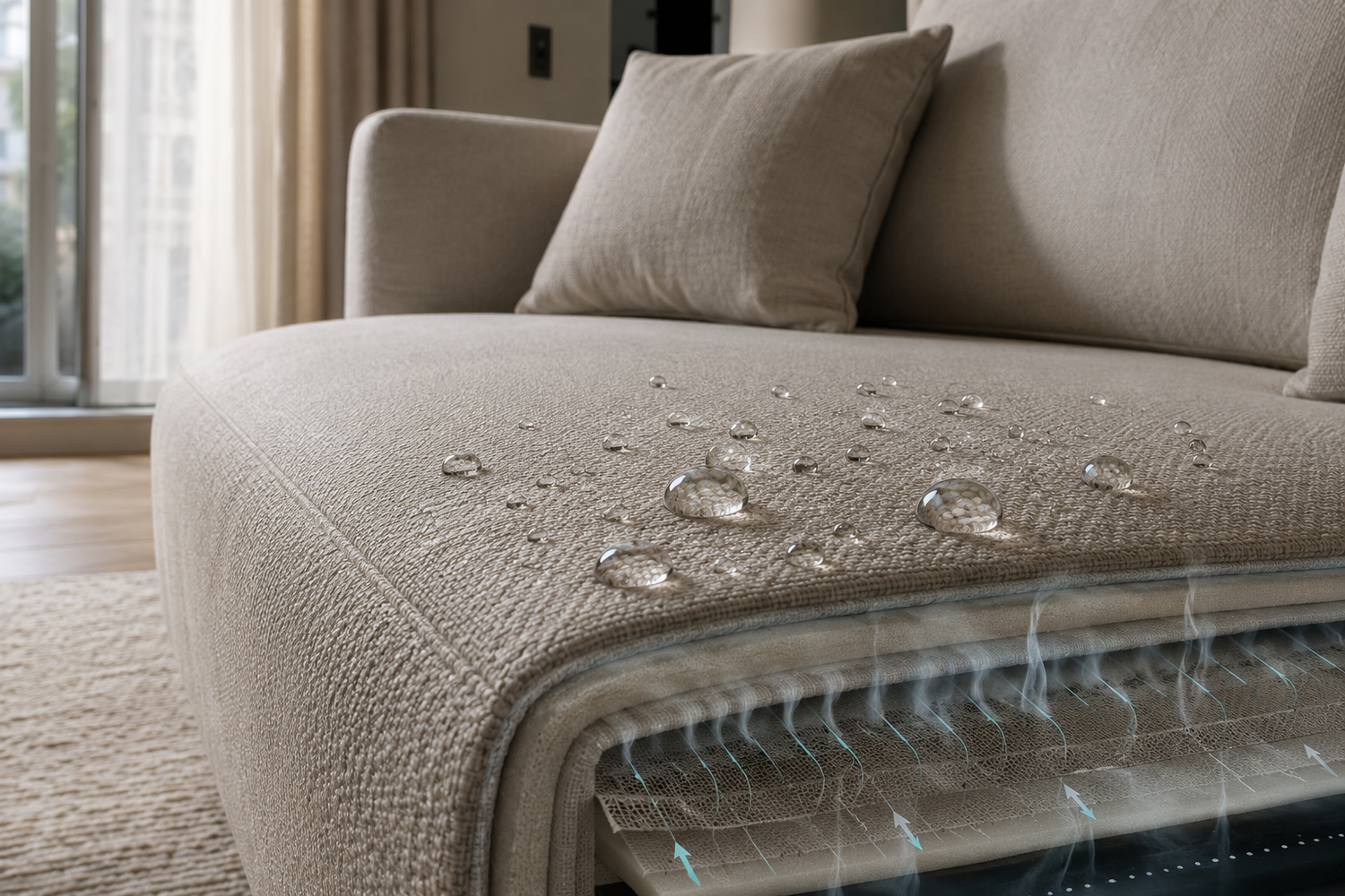 Luxury performance sofa fabric engineered to repel spills while maintaining breathable comfort and moisture control