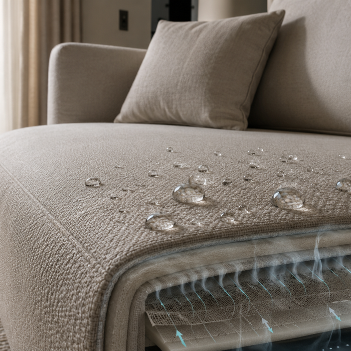 Luxury performance sofa fabric engineered to repel spills while maintaining breathable comfort and moisture control