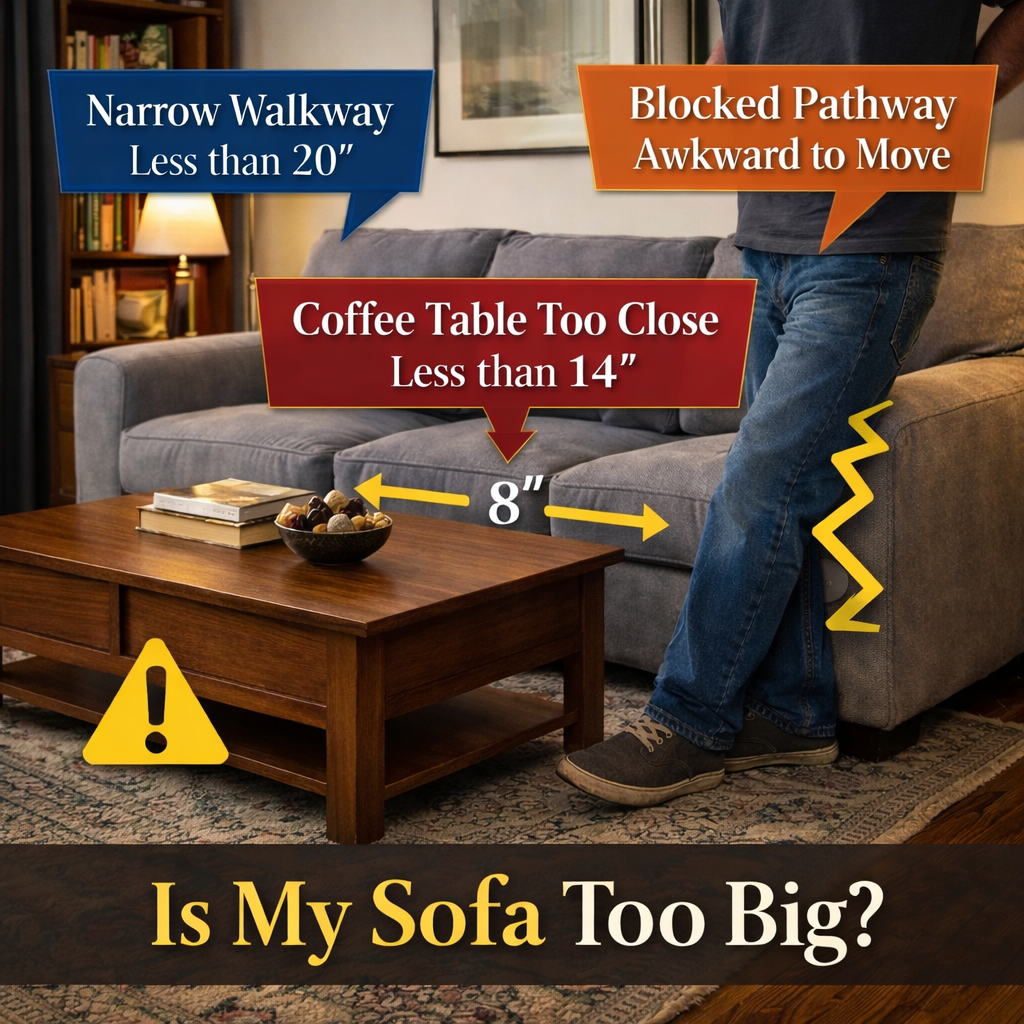 Living room with gray sofa, coffee table placed only 8 inches from the seat, and a walkway less than 20 inches, making the sofa feel too big for the room.