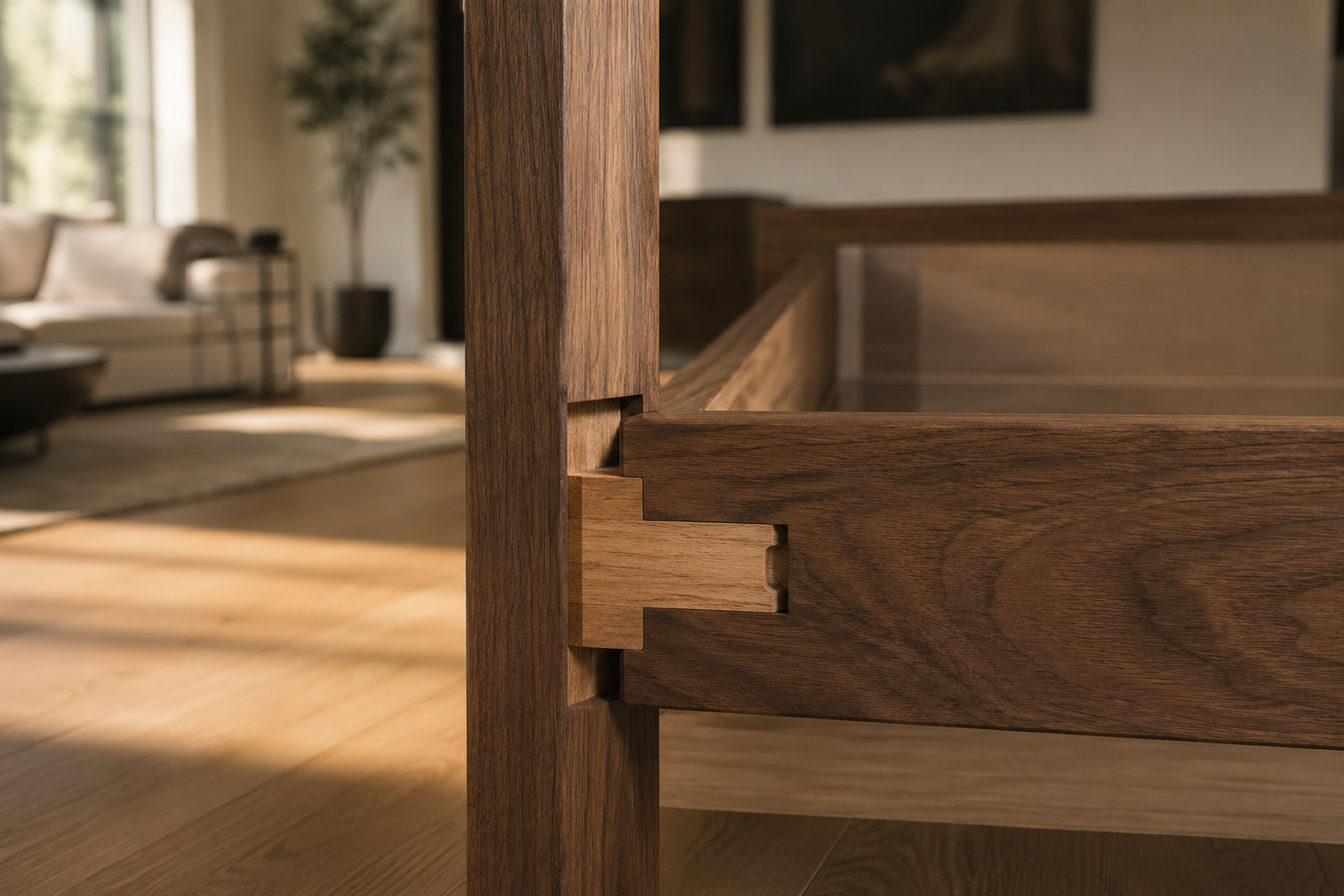 Premium solid wood furniture frame with precision mortise-and-tenon craftsmanship designed for long-term structural stability and durability in modern interiors