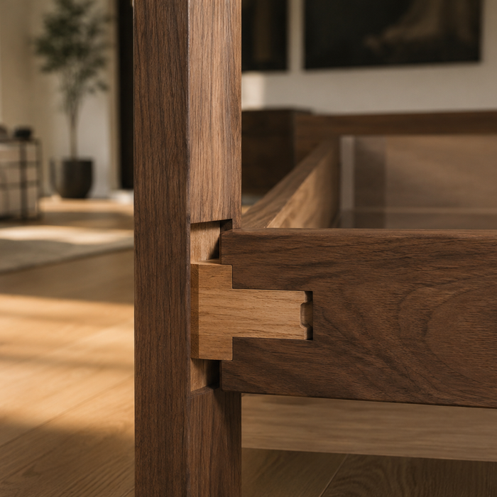 Premium solid wood furniture frame with precision mortise-and-tenon craftsmanship designed for long-term structural stability and durability in modern interiors
