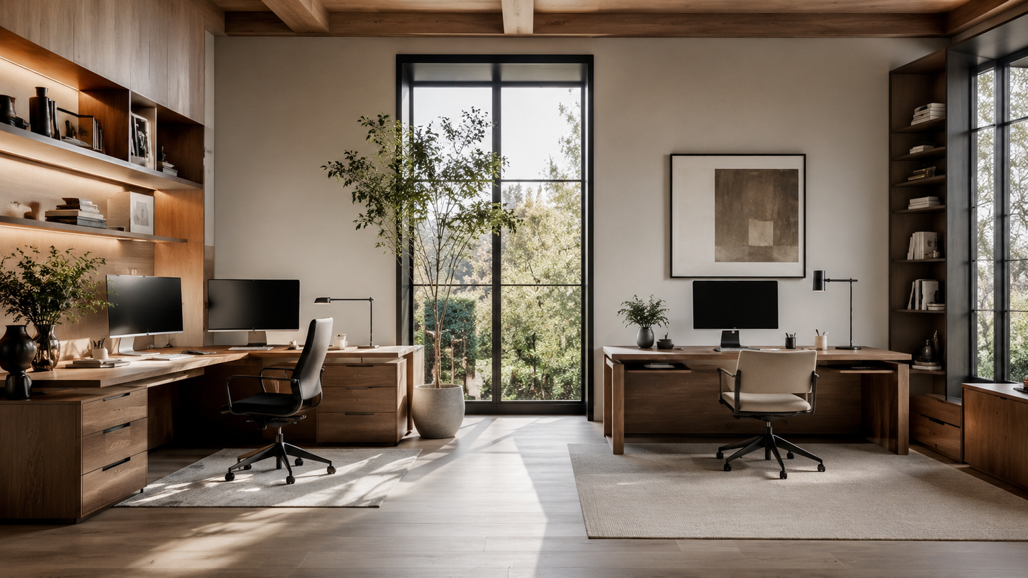 L-shaped desk vs straight desk comparison in a luxury home office showing dual-monitor workstation layout, workspace organization, and room planning