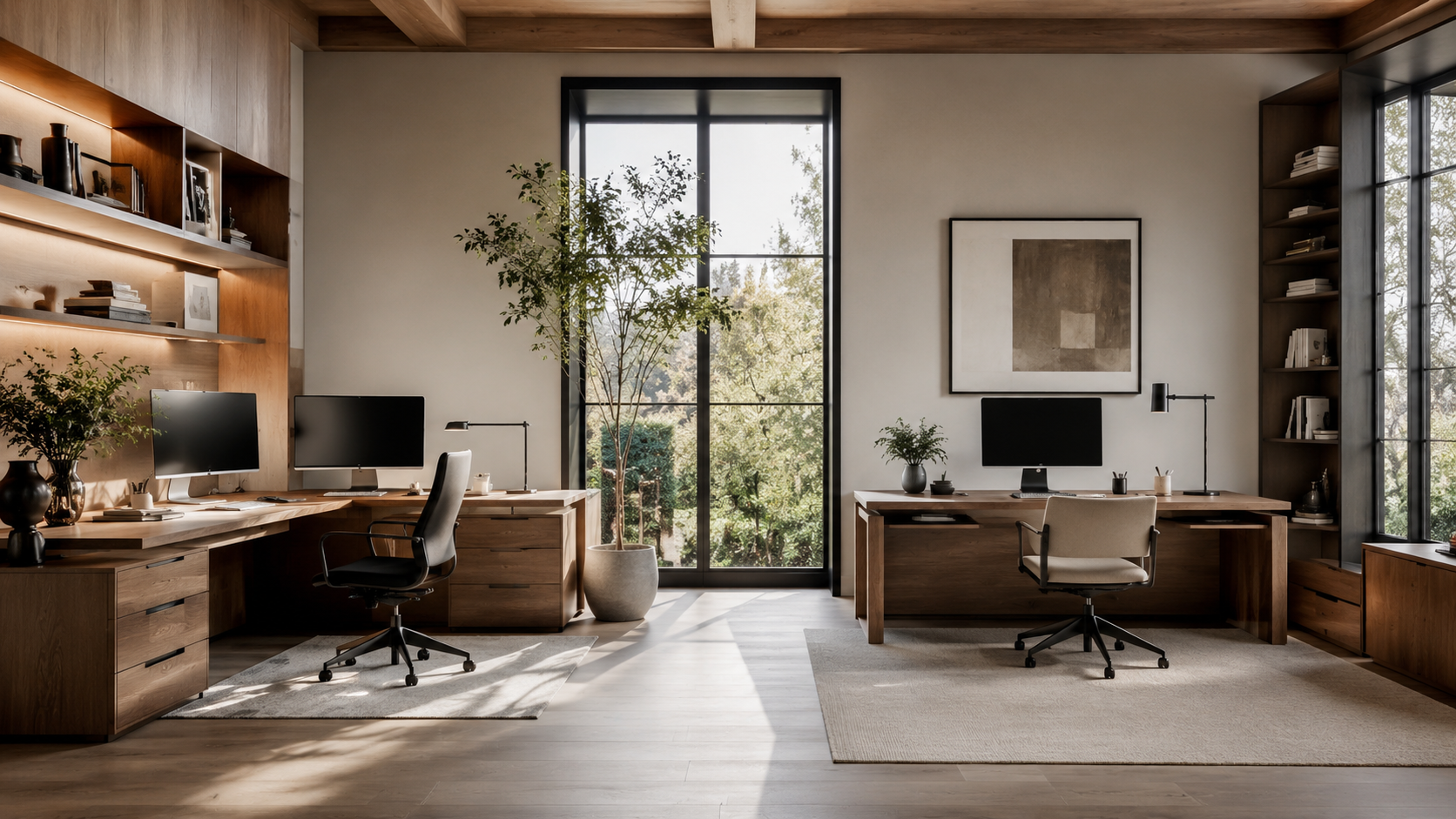 L-shaped desk vs straight desk comparison in a luxury home office showing dual-monitor workstation layout, workspace organization, and room planning
