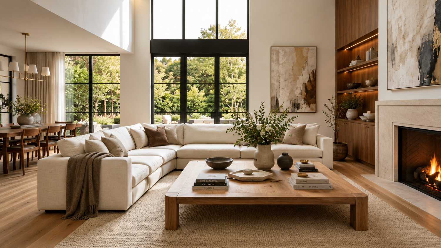 Large vs small coffee table comparison in a luxury living room showing balanced furniture proportions, comfortable circulation, and modern interior design.
