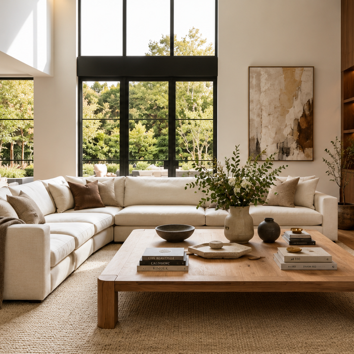 Large vs small coffee table comparison in a luxury living room showing balanced furniture proportions, comfortable circulation, and modern interior design.