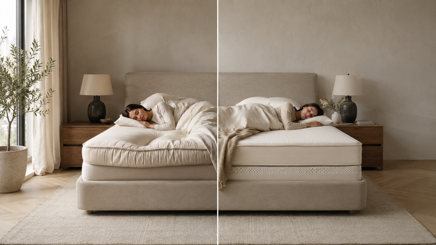 Latex vs memory foam mattress comparison for hot sleepers showing breathable latex sleep surface and warmer dense memory foam with deeper sinkage