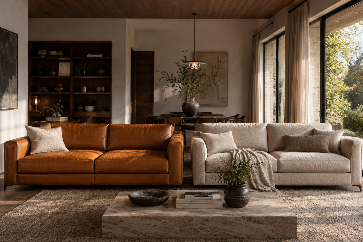 Leather vs fabric sofa comparison in a beautiful modern home showing cozy fabric comfort beside a refined leather sofa with luxury architectural styling