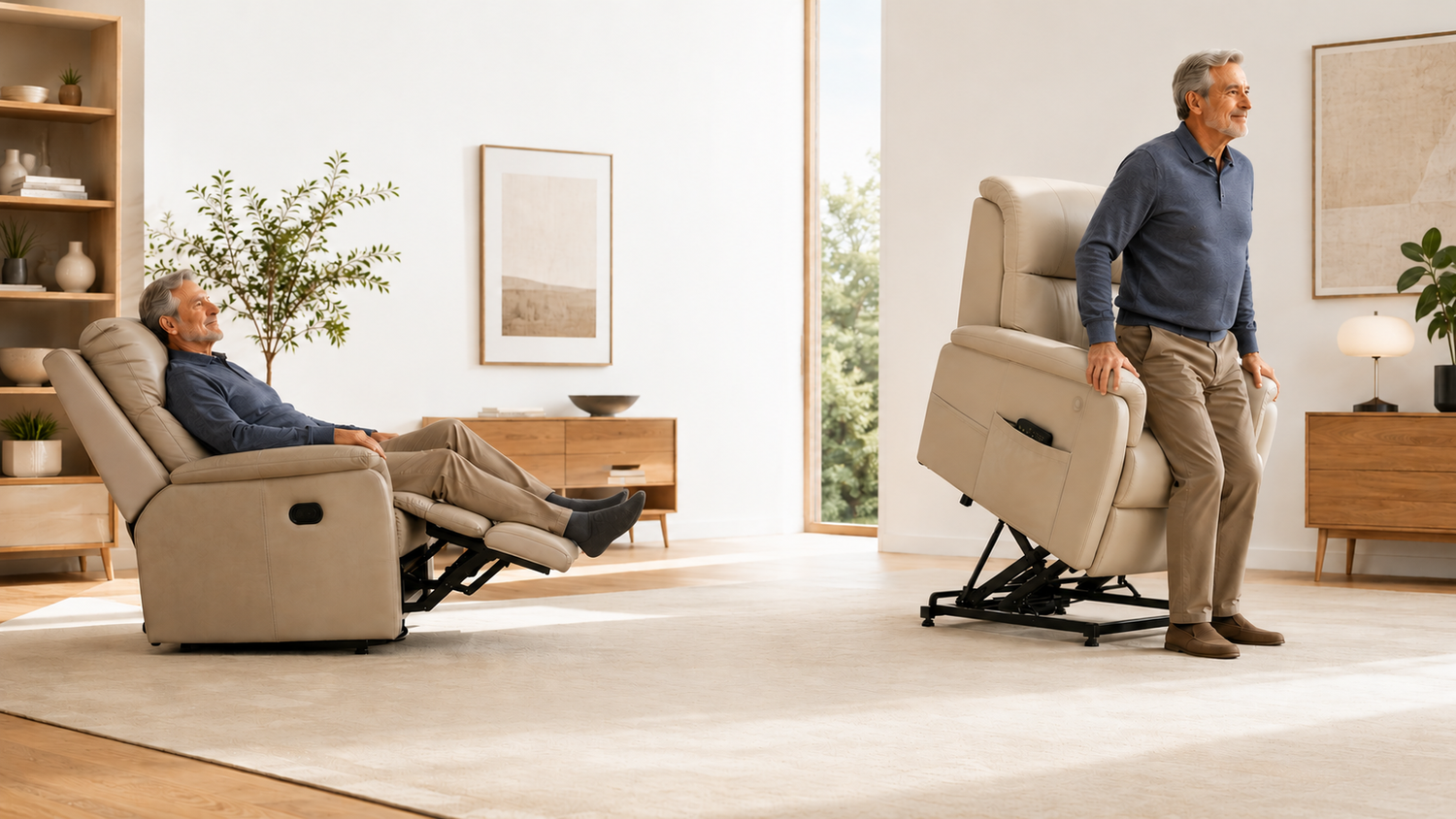 Lift chair vs. recliner comparison showing how a lift chair assists standing while a traditional recliner provides seated comfort for aging in place.