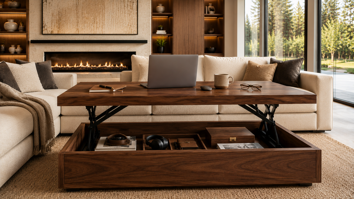 Luxury living room with a walnut lift-top coffee table, illustrating the differences between lift-top and standard coffee tables.