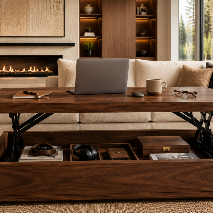 Luxury living room with a walnut lift-top coffee table, illustrating the differences between lift-top and standard coffee tables.