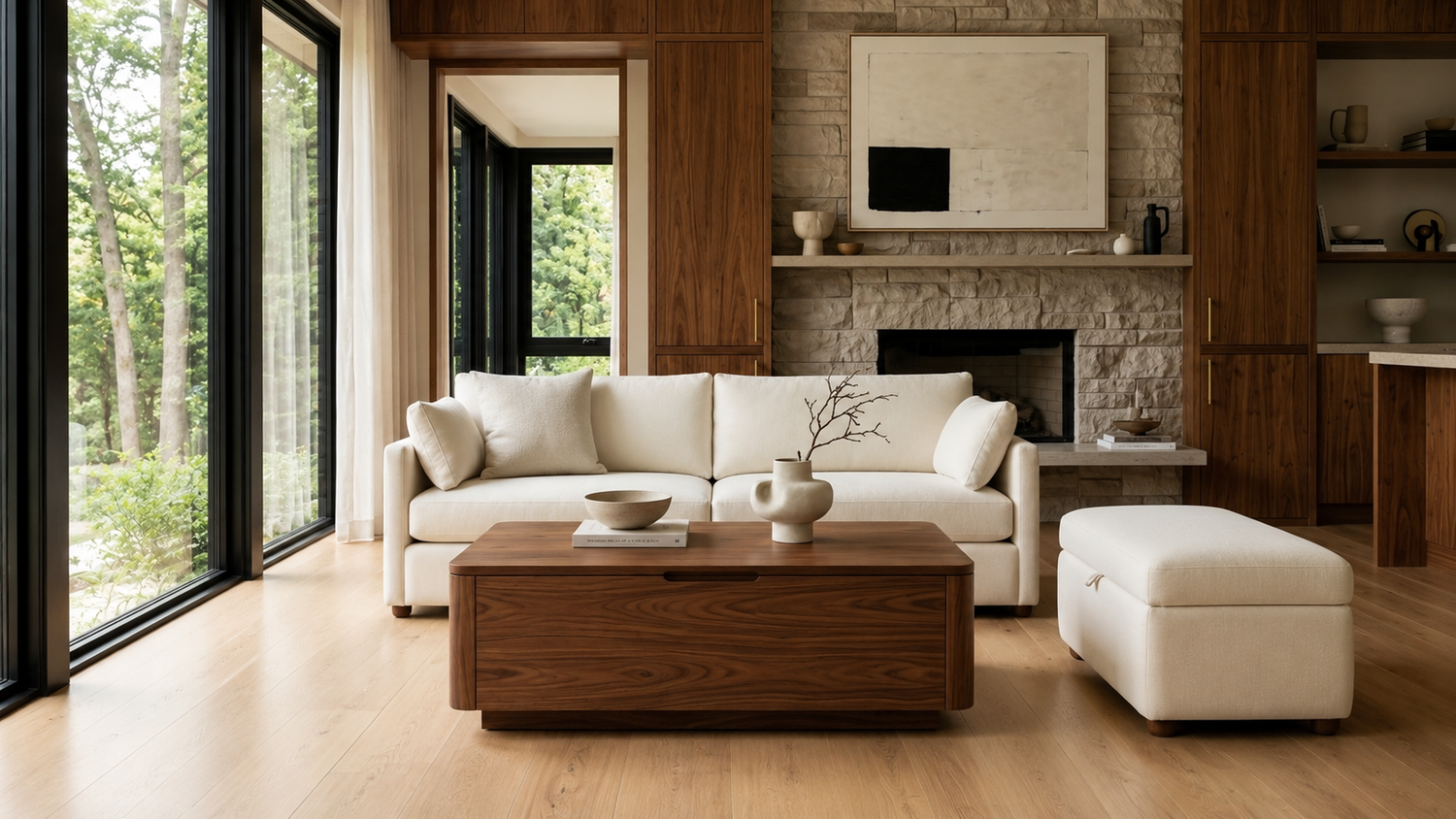 Lift-top coffee table vs storage ottoman in a luxury living room showing the difference between a raised work surface and a soft upholstered centerpiece