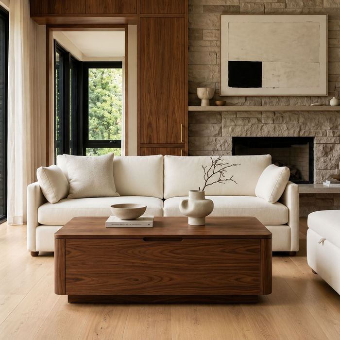 Lift-top coffee table vs storage ottoman in a luxury living room showing the difference between a raised work surface and a soft upholstered centerpiece