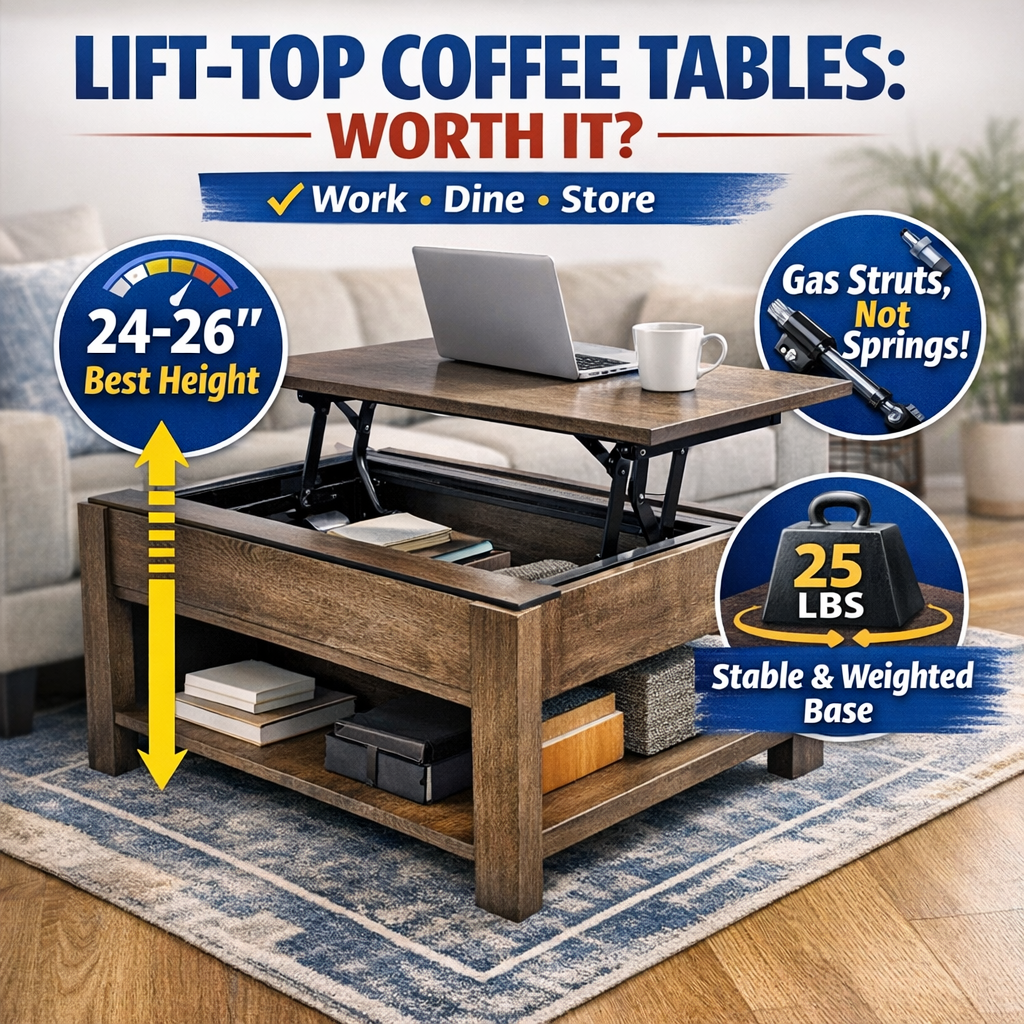 Lift-top coffee table raised to 24–26 inches with laptop, highlighting gas struts and a stable weighted base.