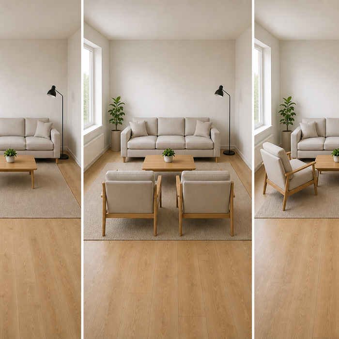 Living room chair placement ideas showing L shape seating chairs opposite sofa and U shape layout with coffee table