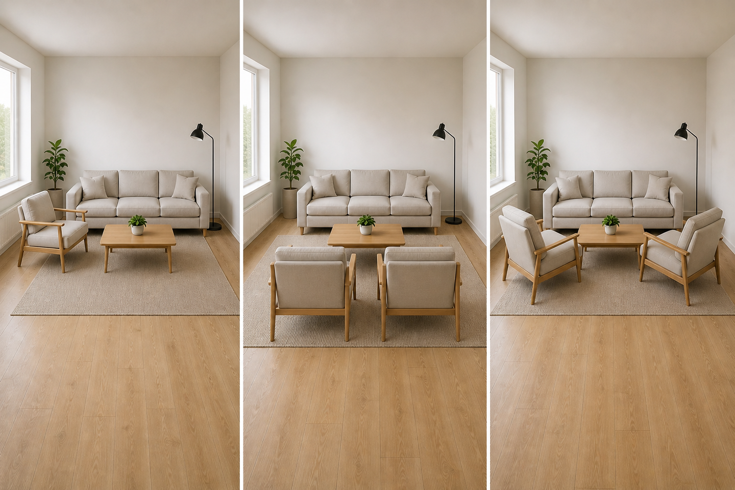 Living room chair placement ideas showing L shape seating chairs opposite sofa and U shape layout with coffee table