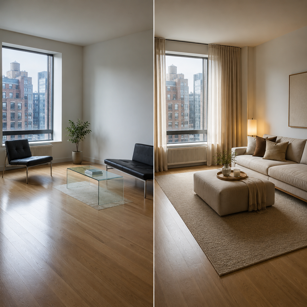 modern living room acoustic design comparison showing echo-prone hard surfaces versus sound-absorbing furniture layout with thick rug upholstered seating soft curtains and controlled room acoustics