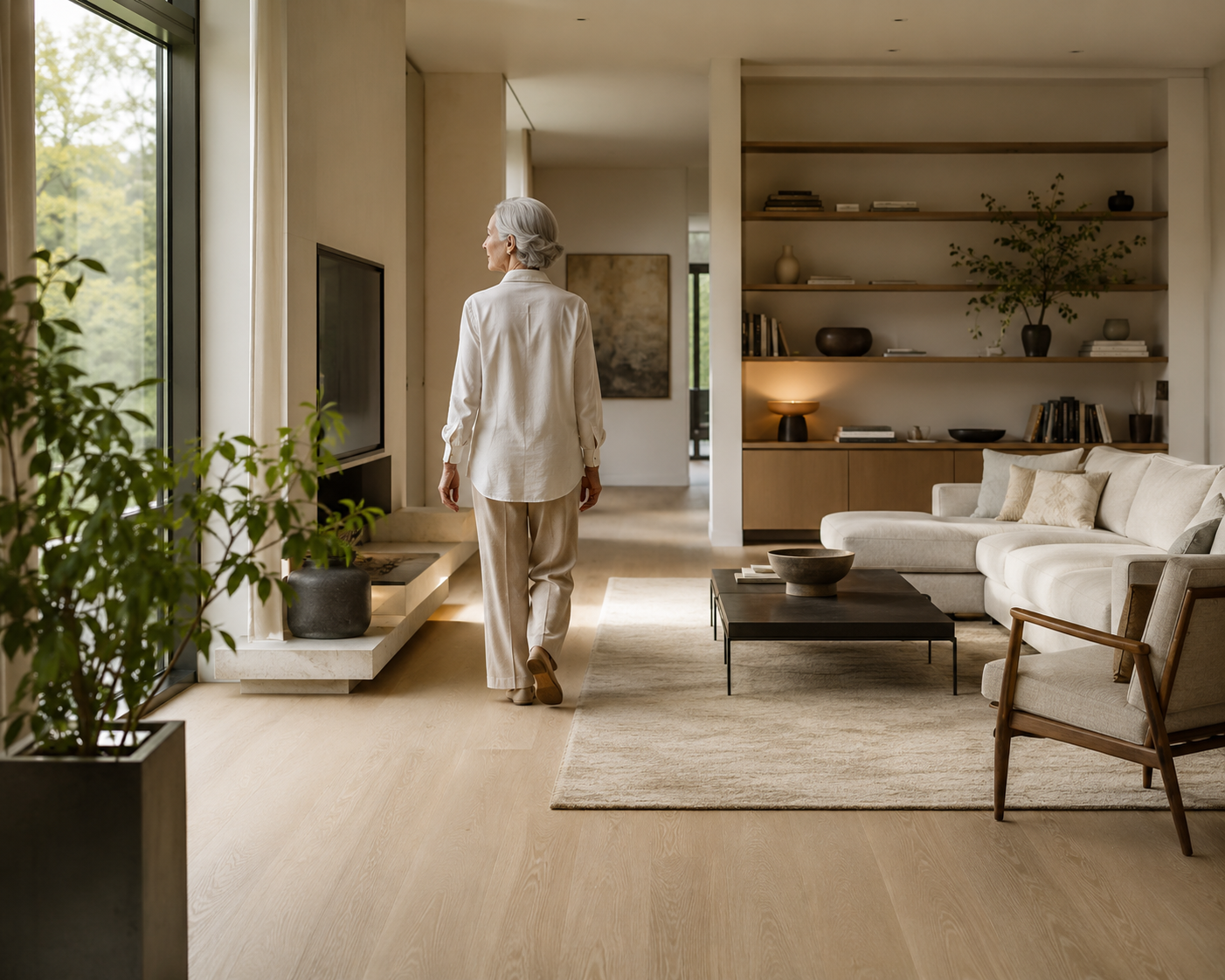 Elegant aging-in-place living room with clear walkways, easy movement flow, and reduced layout fatigue for seniors and older adults